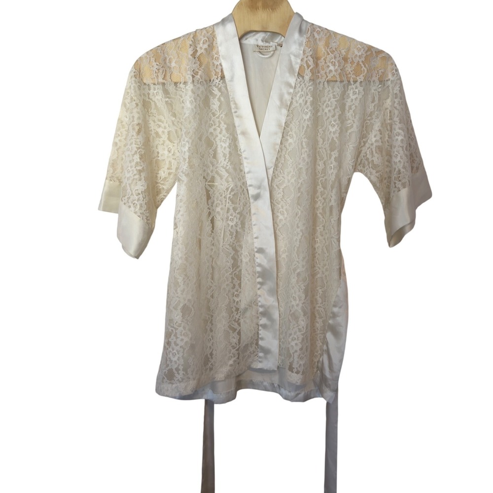 VTG Victorias Secret Gold Label White Lace Floral Belted Robe Kimono One Size - Picture 3 of 13